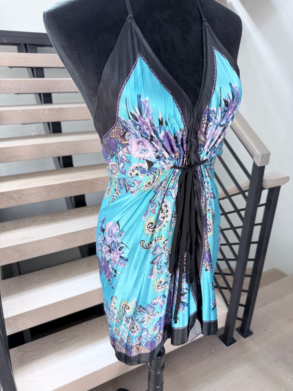 Blue Floral Halter Tie-Waist Silk Satin vacation Beach Dress size XS - Picture 2 of 8